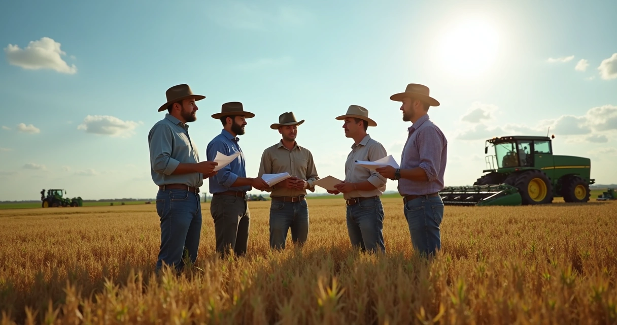 Produtores rurais conversando em campo aberto 
