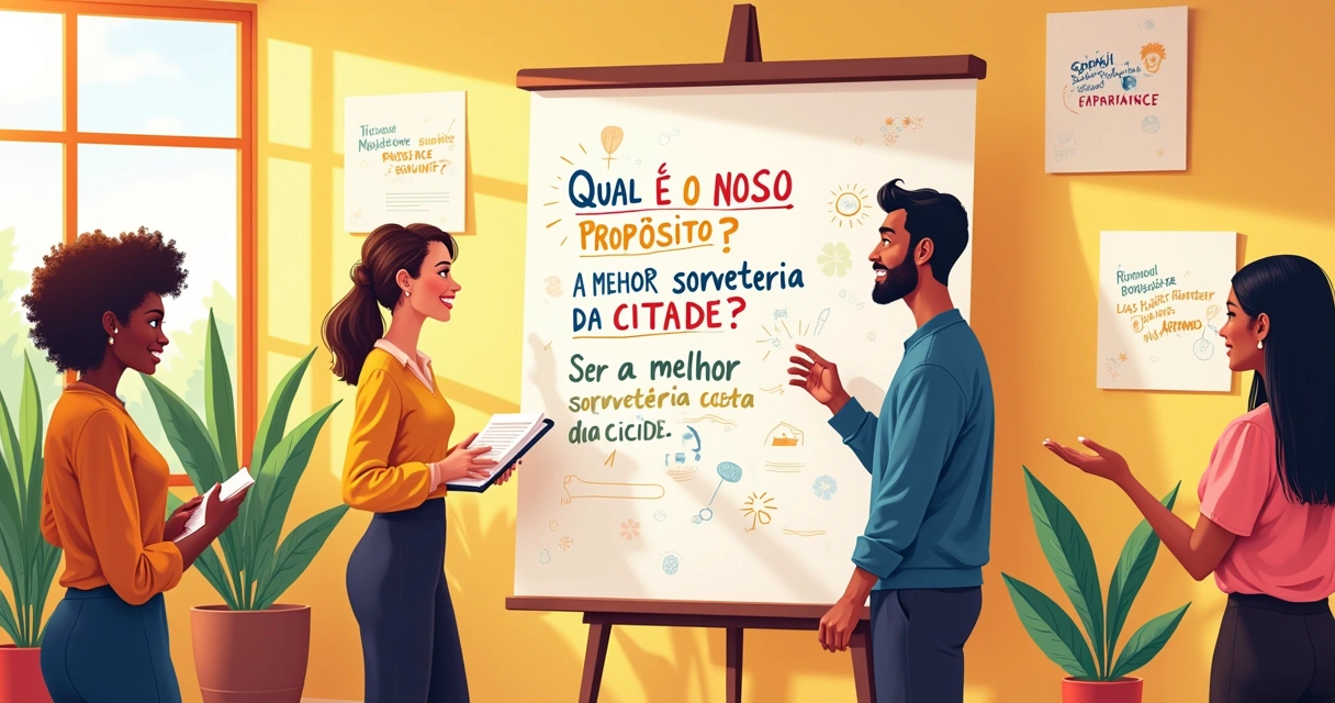 Grupo diversificado de profissionais em um escritório claro, discutindo declarações de missão e visão.
