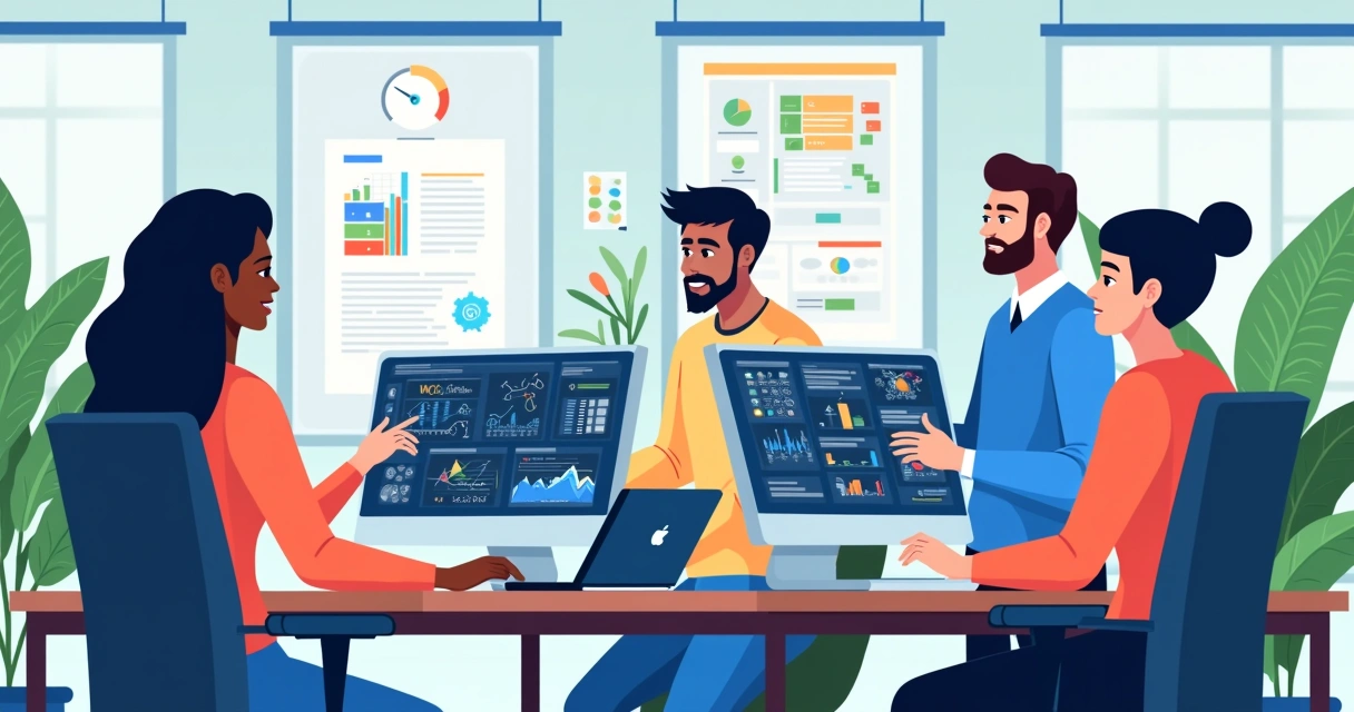 Grupo diverso de jovens profissionais trabalhando em projetos de inteligência artificial em um escritório moderno.