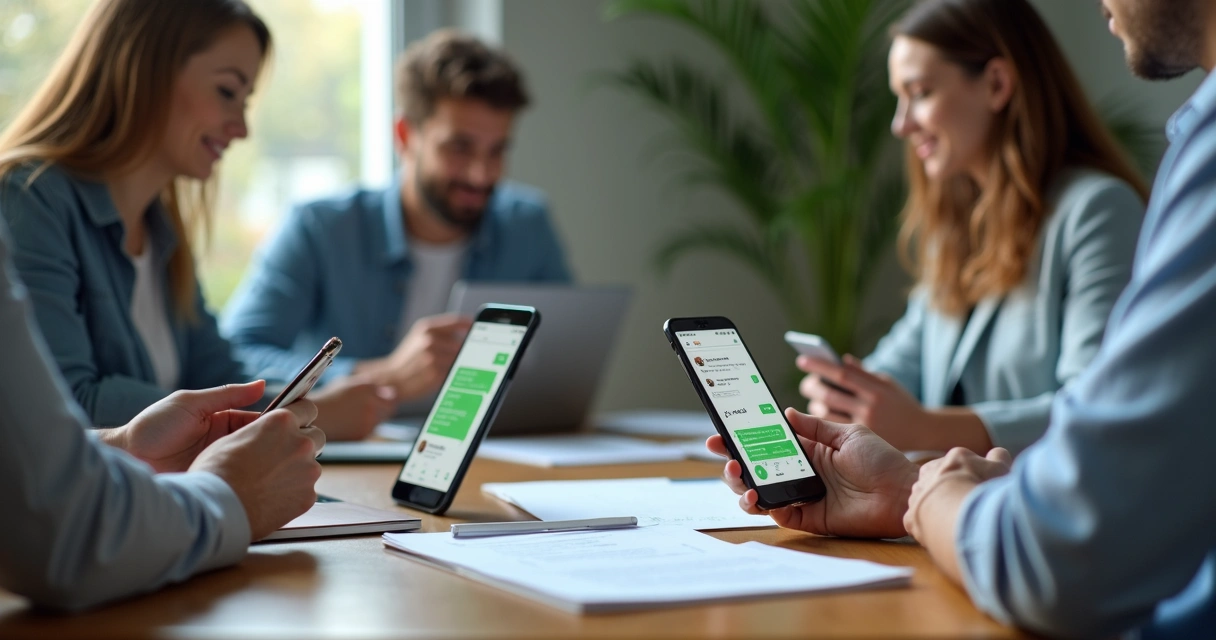 Profissionais reunidos em mesa conversando por celular com grupo WhatsApp aberto
