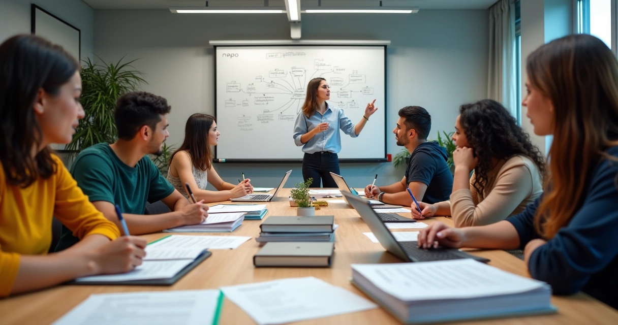 Grupo de alunos desenvolvendo projeto bilíngue na escola 