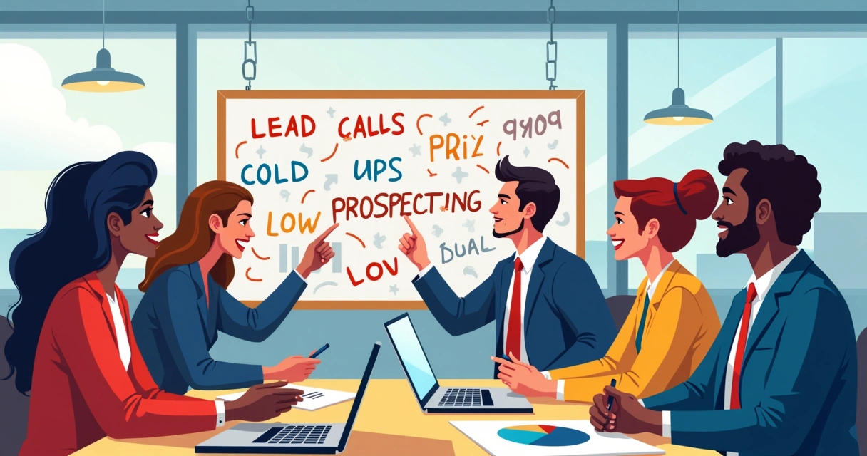 A diverse group brainstorming effective prospecting strategies in a bright, modern office.