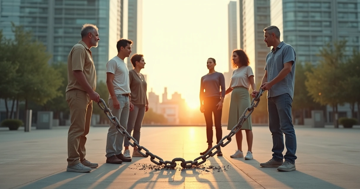 Grupo diverso rompendo corrente simbólica em ambiente urbano 