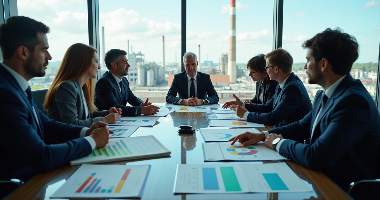 Equipe empresarial analisando documentos relacionados a ESG em sala de reunião 