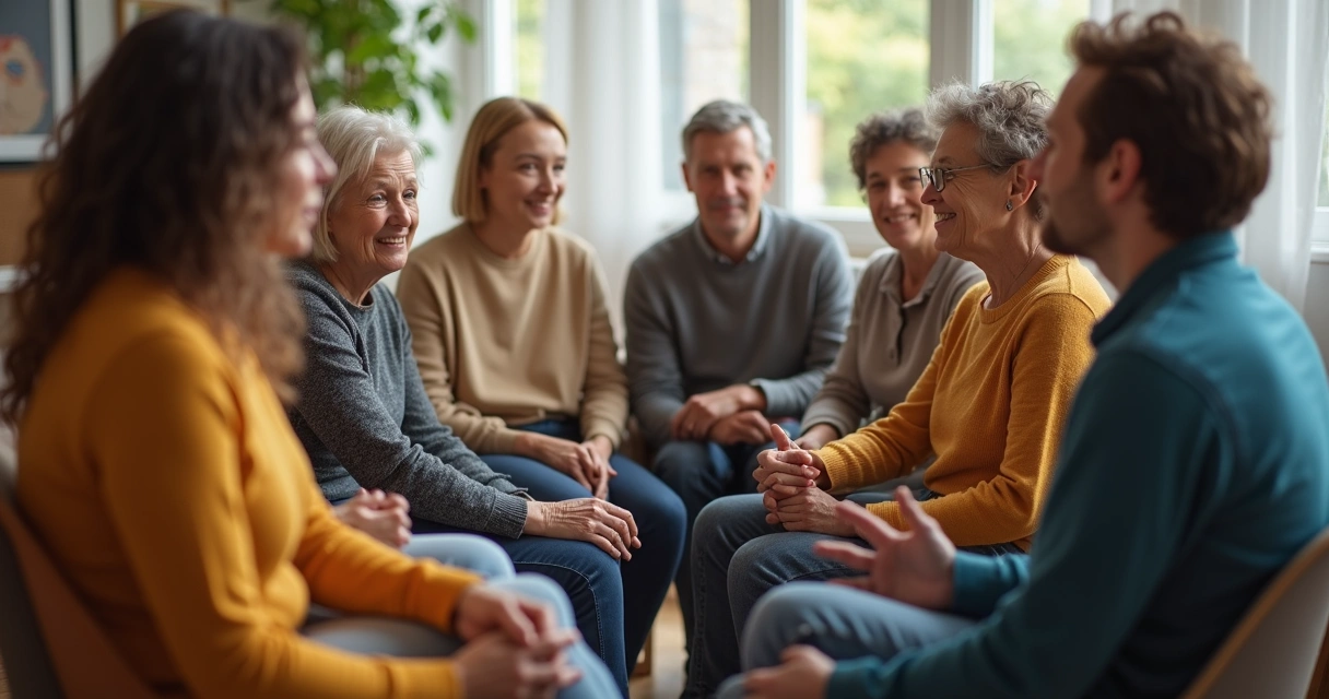 Grupo de pessoas em roda oferecendo apoio uns aos outros 
