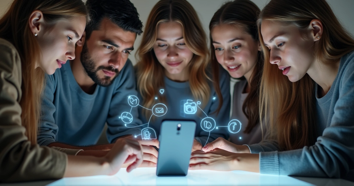 Personas mirando un móvil con conexiones digitales superpuestas