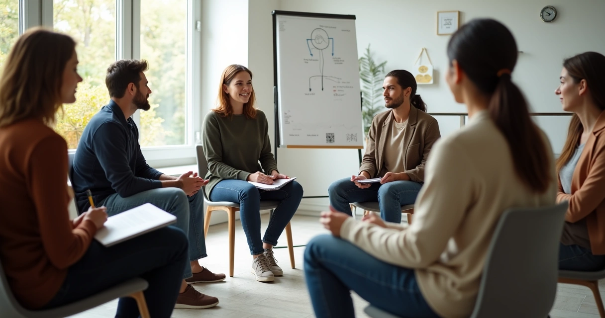 Grupo de pessoas sentadas em círculo refletindo juntos 