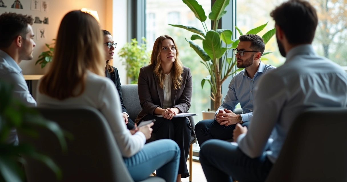 Grupo de pessoas em círculo refletindo e discutindo sentado 