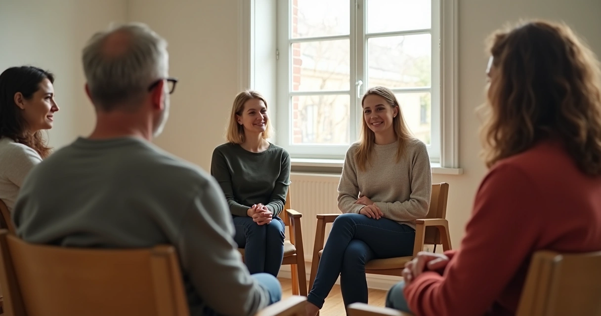 Pequeno grupo sentado em círculo, discutindo, com atmosfera reflexiva e respeitosa 