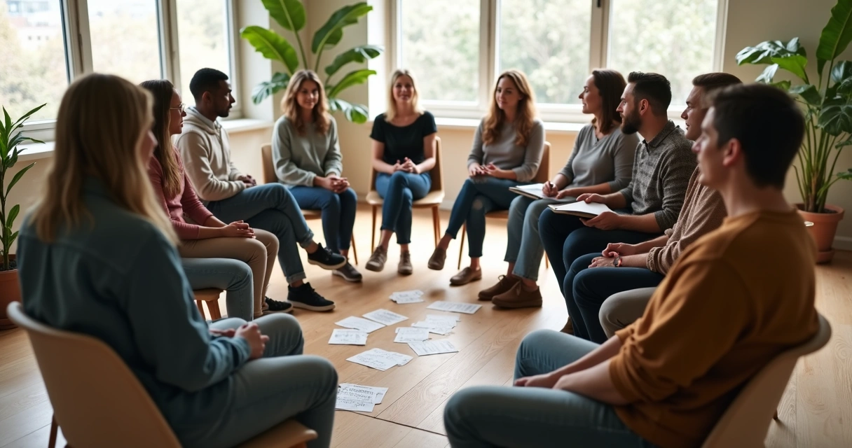 Grupo diverso sentado em círculo em conversa profunda sobre autoconsciência social 