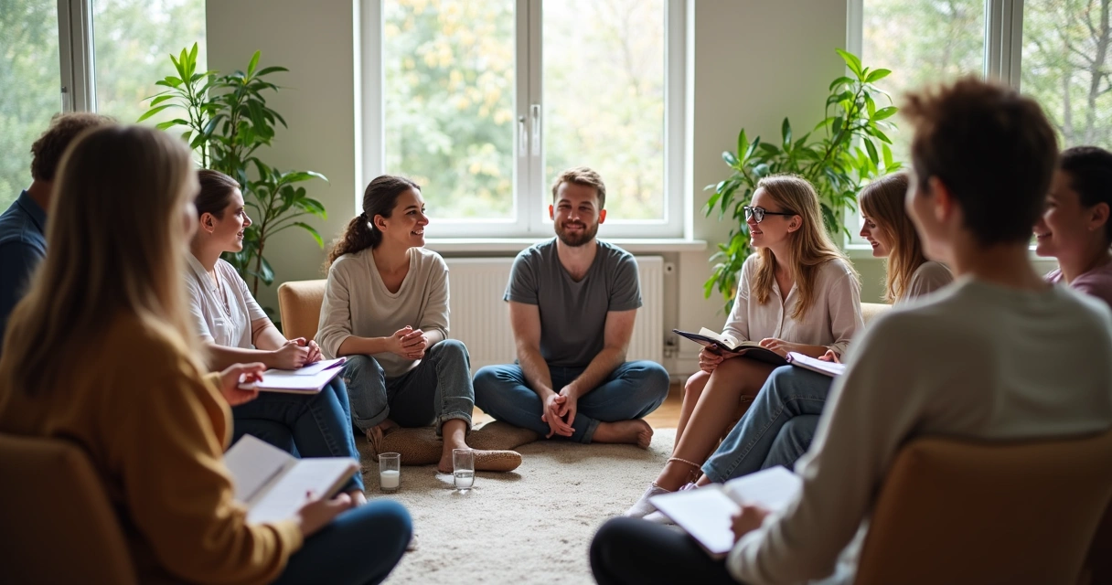 Grupo sentado em círculo em sala iluminada, refletindo juntos