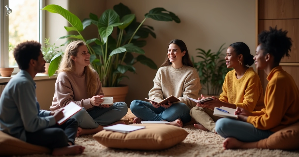 Grupo de pessoas reunidas em círculo refletindo juntas 