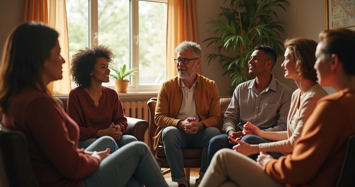 Grupo de pessoas sentadas em círculo conversando de forma acolhedora