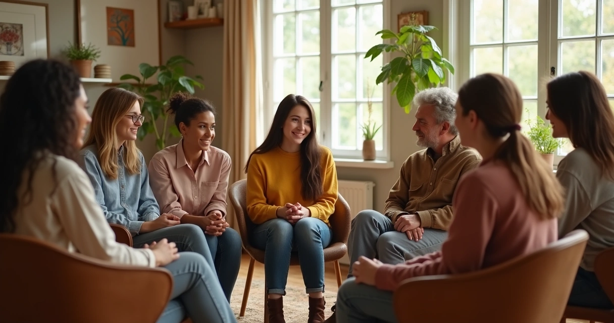 Grupo de pessoas sentadas em círculo conversando em ambiente iluminado 