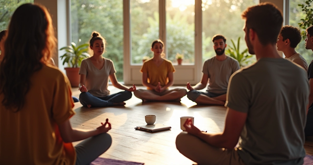 Grupo de pessoas reunidas em roda, conversando e meditando 