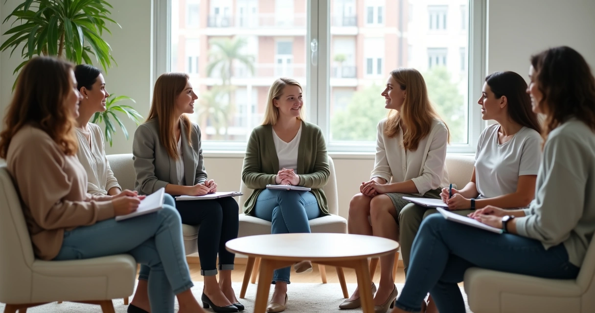 Grupo em roda de conversa sobre mudanças sociais em ambiente claro