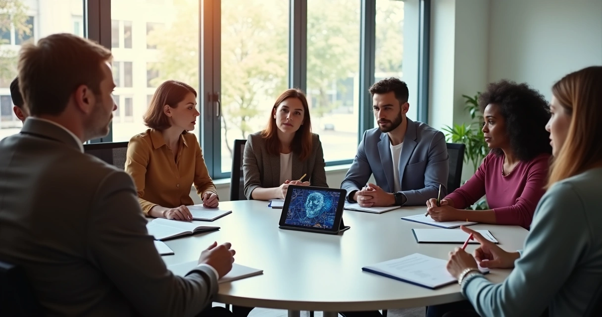 Grupo em roda debatendo tecnologia e consciência 