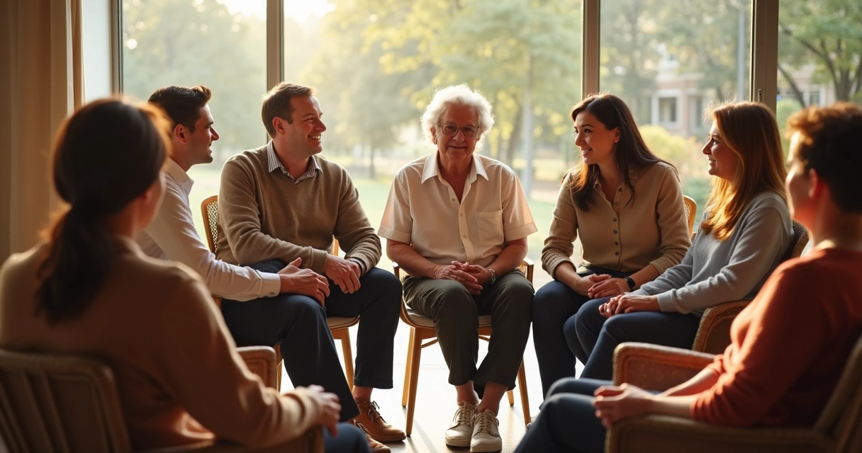 Personas sentadas en círculo conversando en ambiente de confianza. 