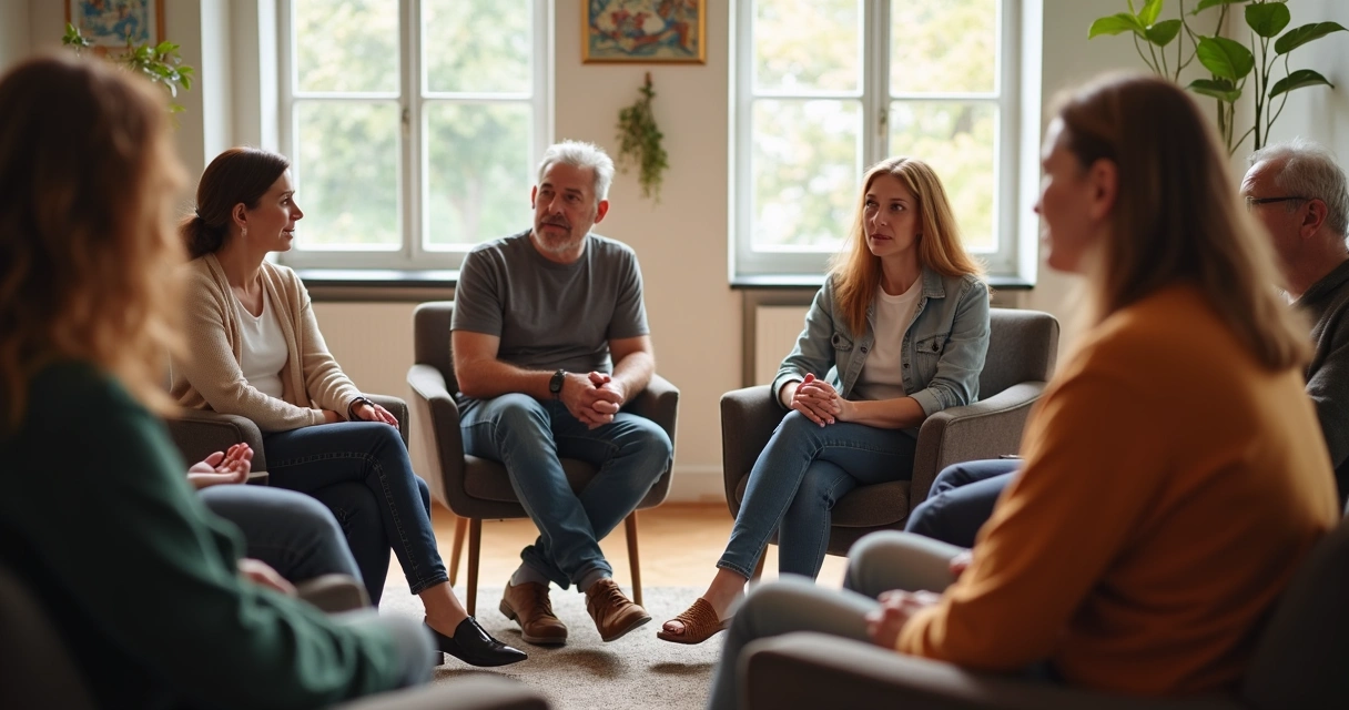 Grupo de adultos sentados reflexionando en círculo 