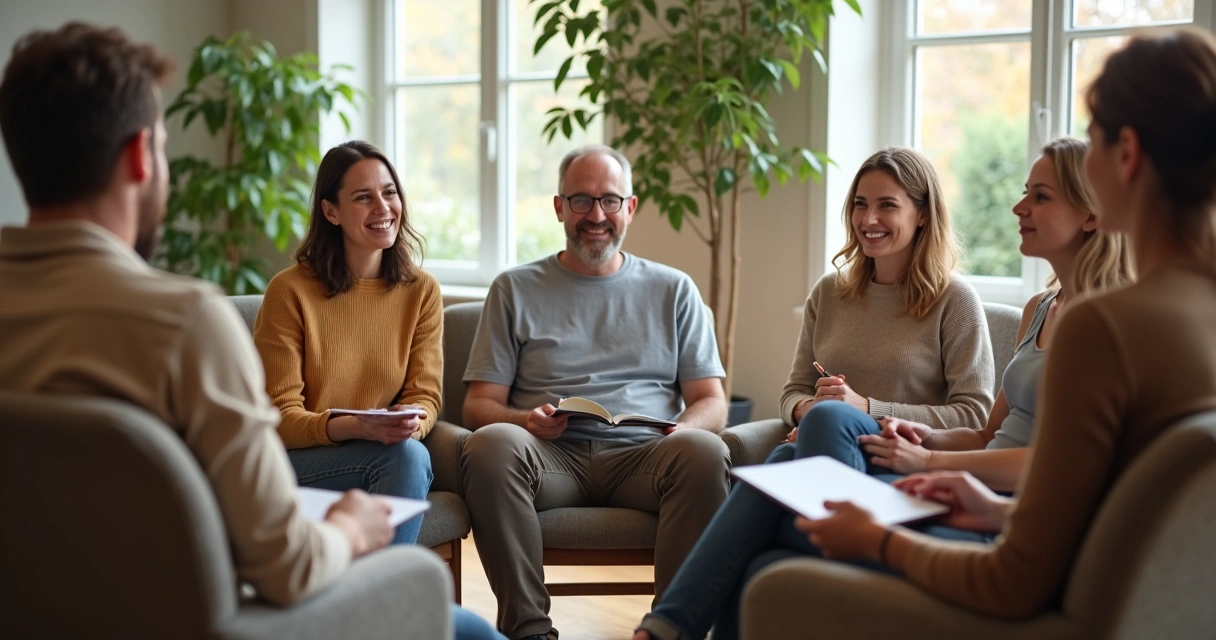 Pessoas sentadas em círculo em uma sala acolhedora conversando e refletindo.