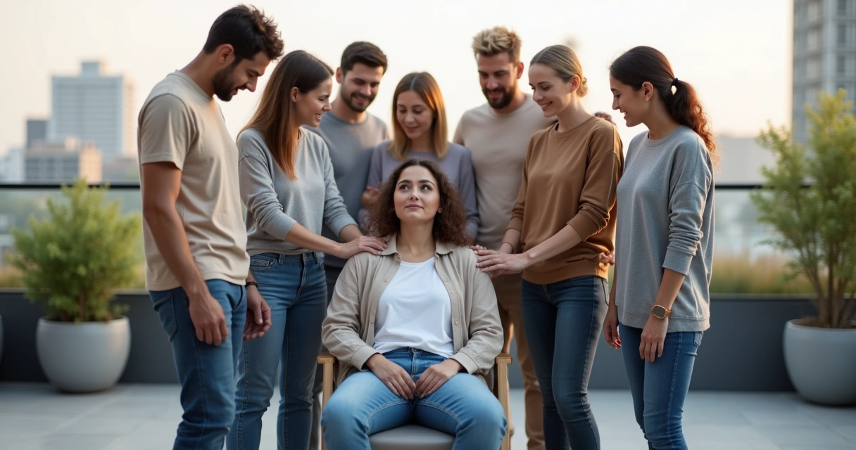 Grupo diverso em círculo apoiando pessoa sentada no centro em ambiente urbano claro 