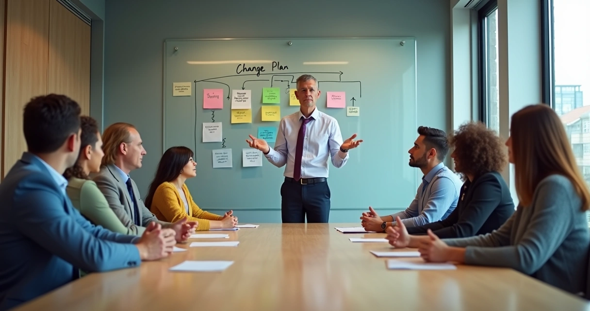Grupo em reunião olhando para líder que facilita conversa sobre mudanças 