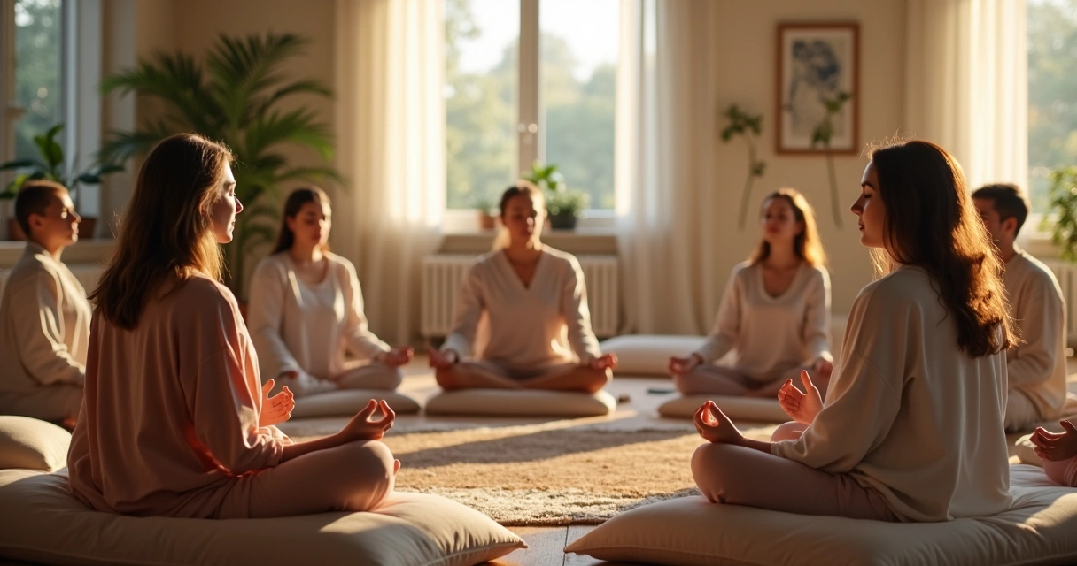 Grupo sentado em círculo praticando respiração consciente em ambiente acolhedor