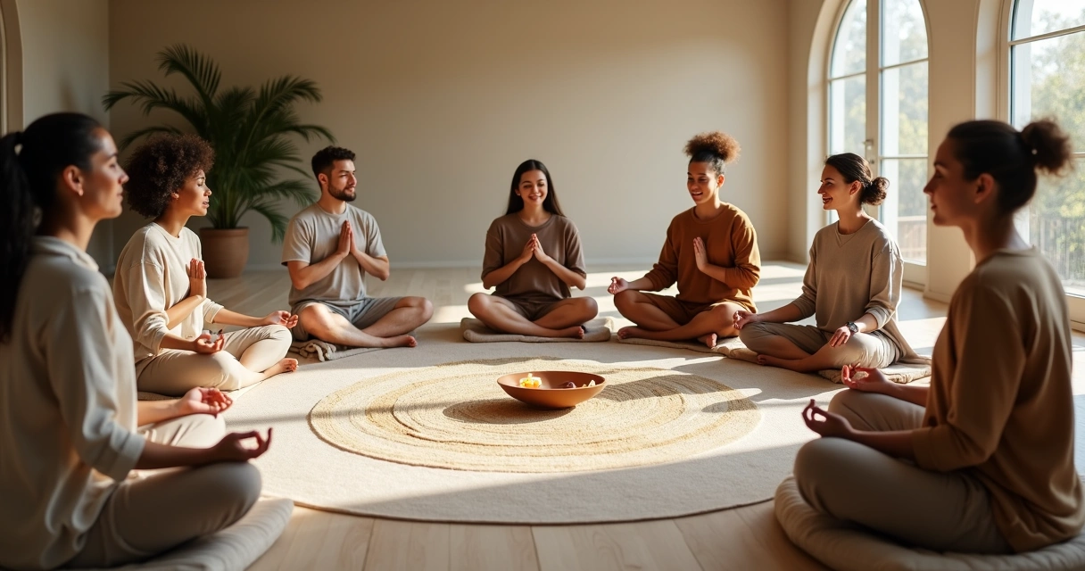 Grupo diverso sentado em círculo praticando respiração coletiva em ambiente calmo 