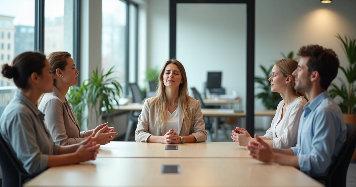 Grupo de pessoas sentadas em reunião fazendo respiração profunda 