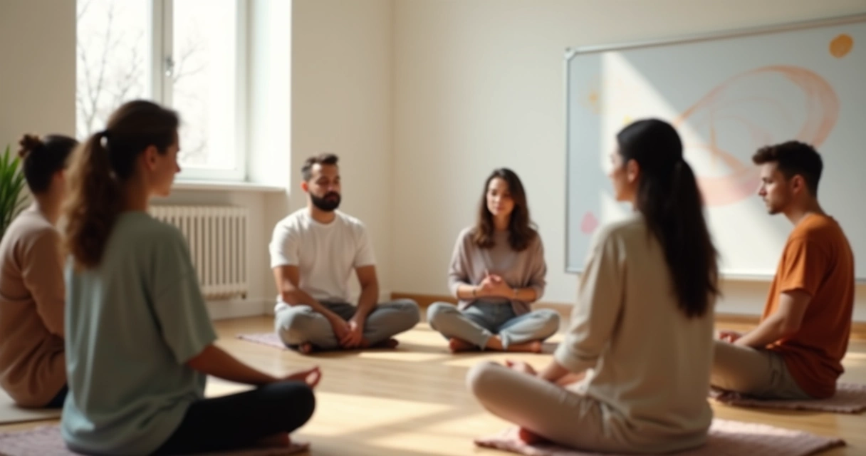 Grupo diverso sentado em círculo fazendo respiração consciente em sala clara 