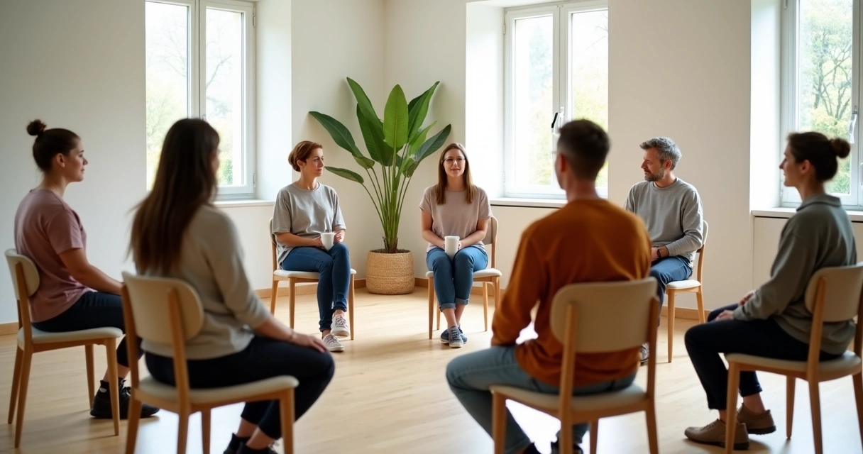 Pessoas sentadas em círculo respirando em uma sala clara