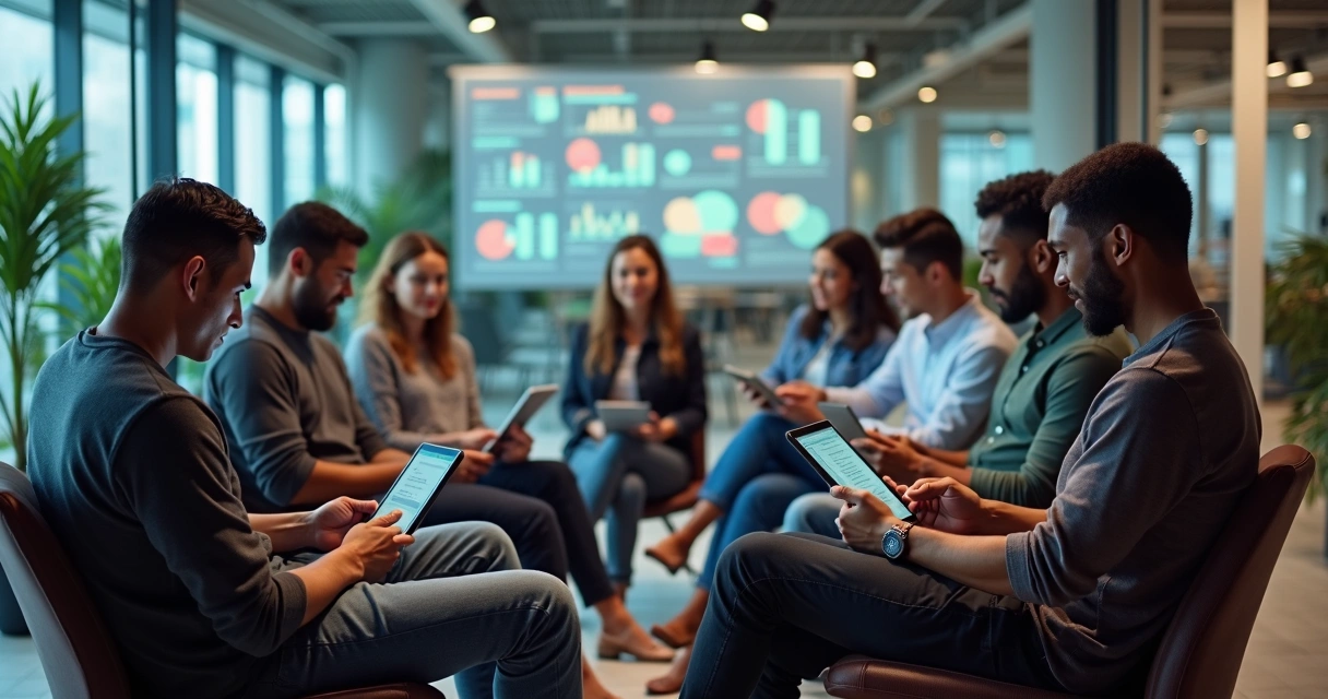 Grupo de pessoas sentadas em círculo respondendo questionários em tablets 