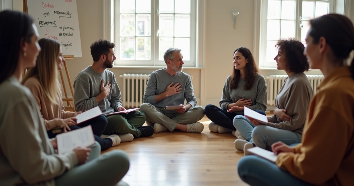 Personas sentadas en círculo practicando responsabilidad emocional en grupo 