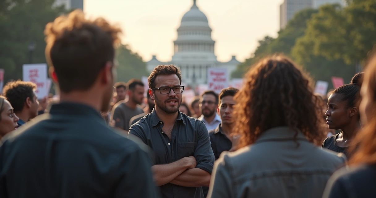 Multidão em crise social com clima de tensão e escuta empática entre algumas pessoas na frente 