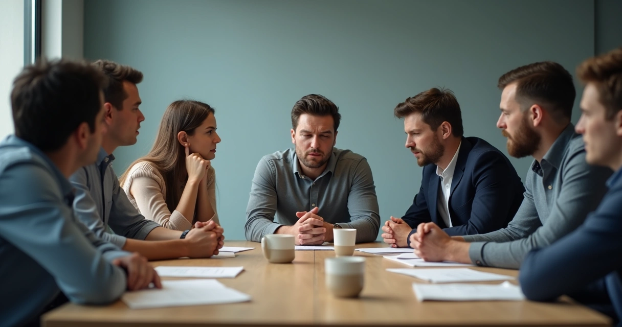 Pessoas em reunião olhando apreensivos enquanto uma pessoa fala 