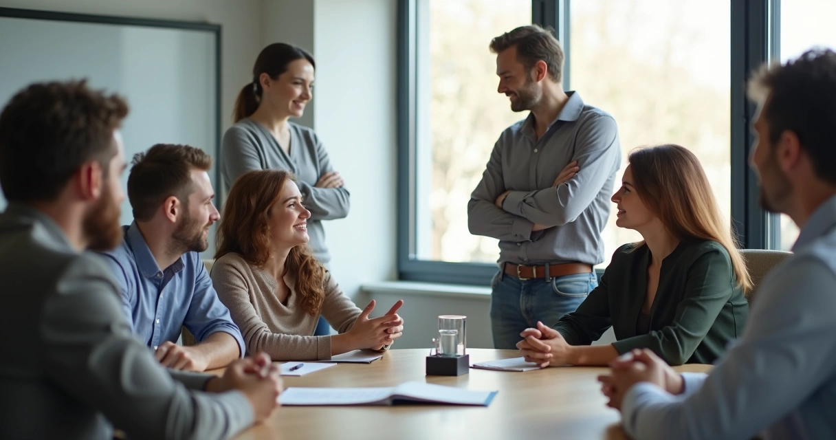 Grupo em reunião com diferentes expressões e gestos corporais