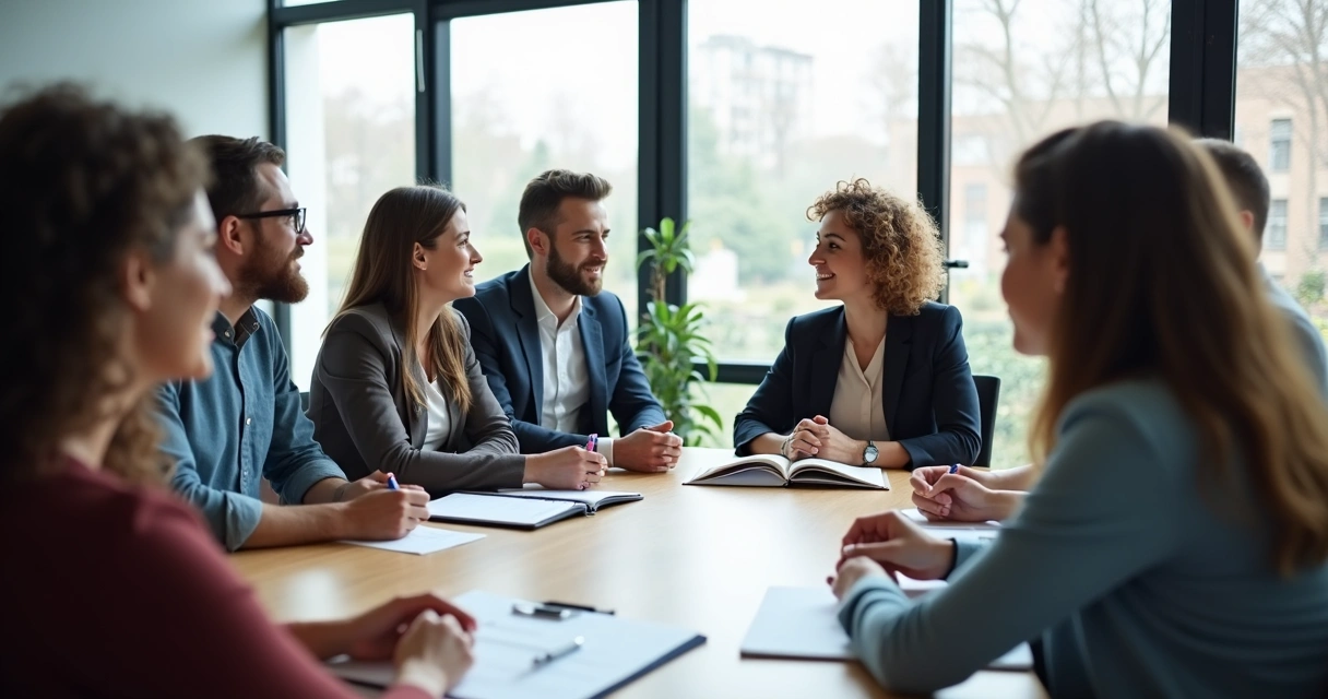 Equipe reunida conversando em uma mesa de trabalho 