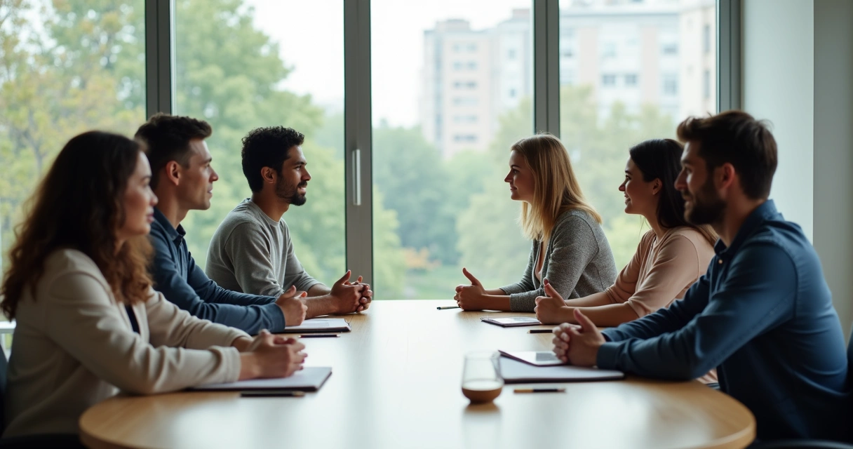 Grupo diverso em reunião resolvendo conflito com escuta e empatia 