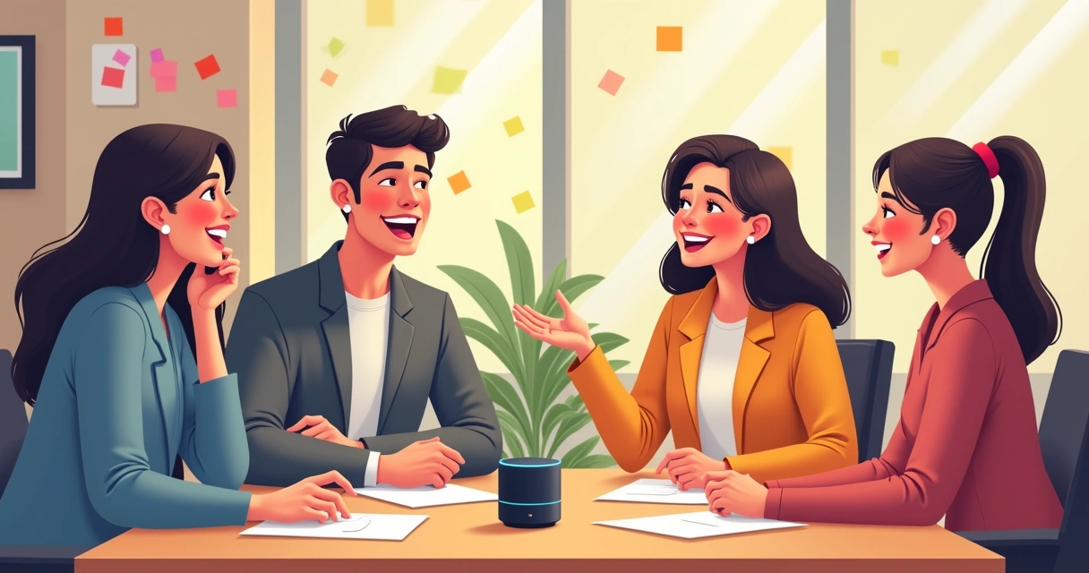 Grupo reunido em reunião descontraída, todos sorrindo após ouvir frase engraçada 