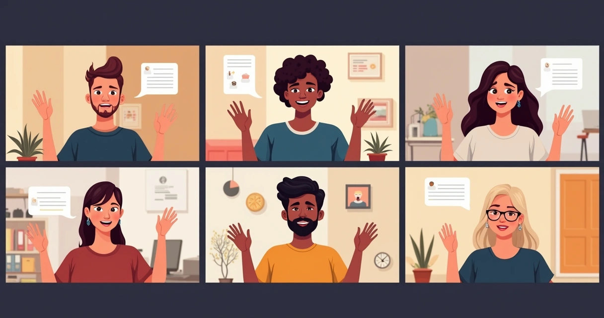 Grupo diverso em reunião virtual, todos participando ativamente