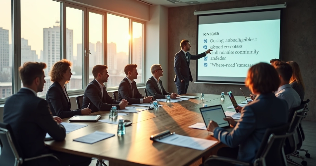 Gestores de entidades em reunião, discutindo estratégias em torno de uma mesa oval. 