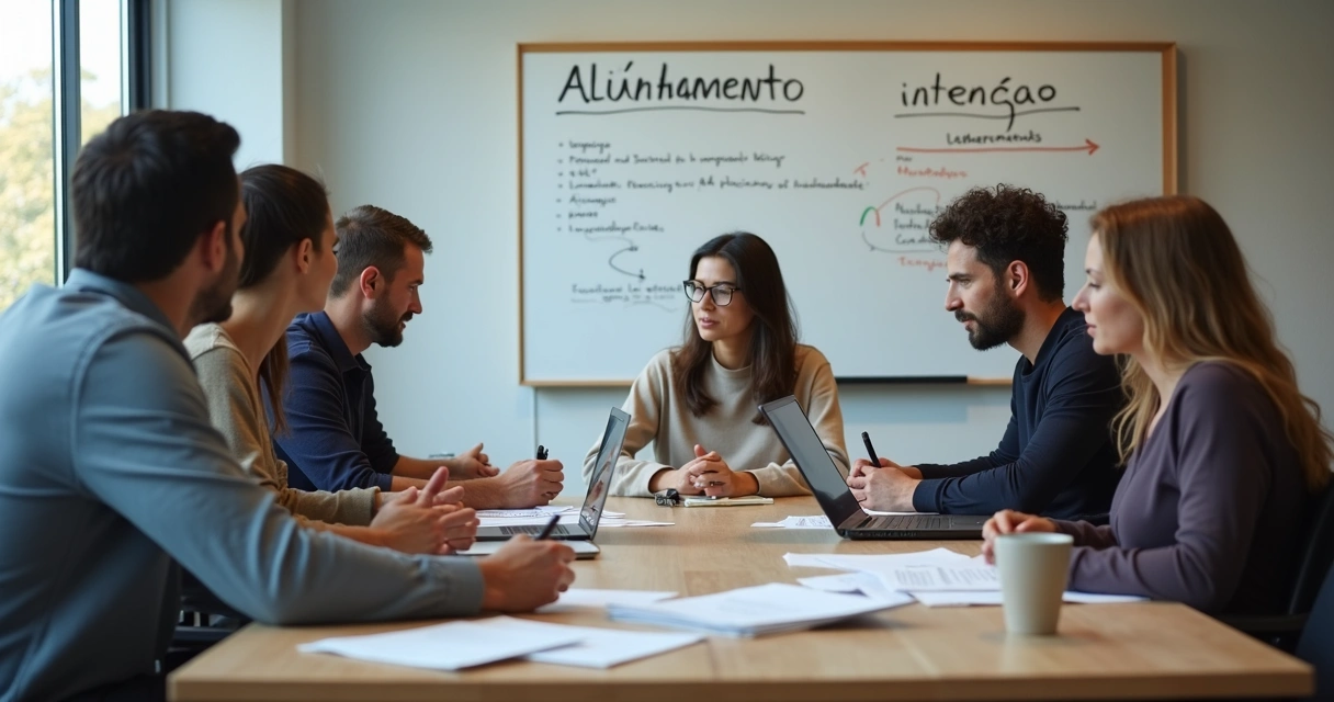 Equipe em torno de uma mesa em reunião de alinhamento