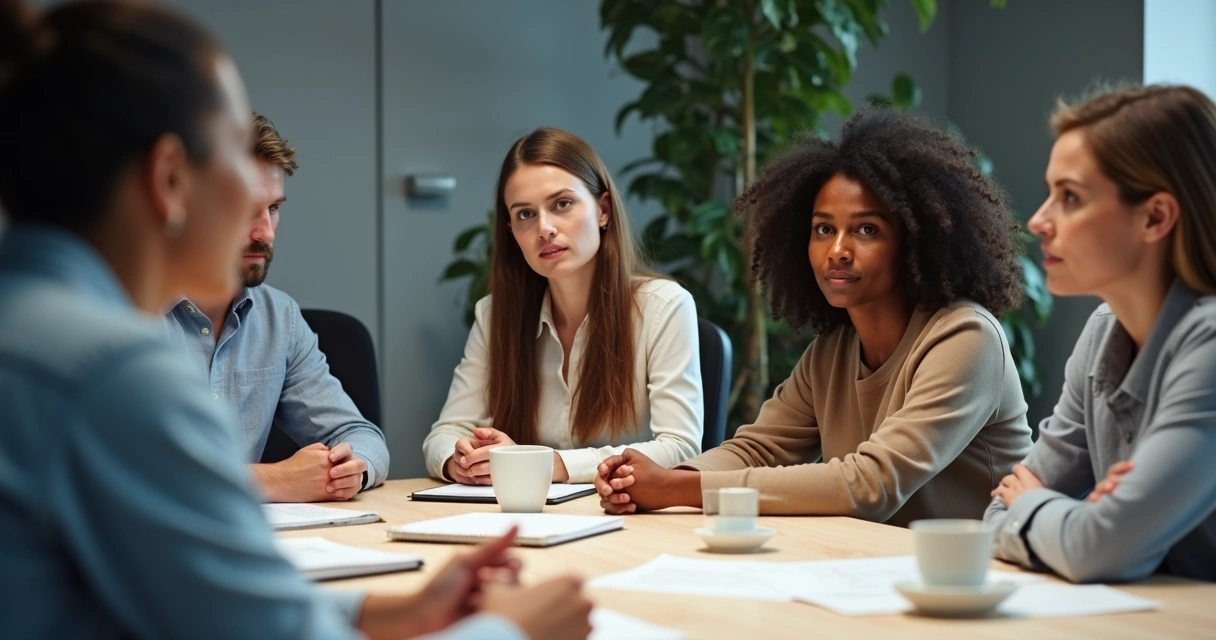 Equipe em reunião ouvindo atentamente uma colega 