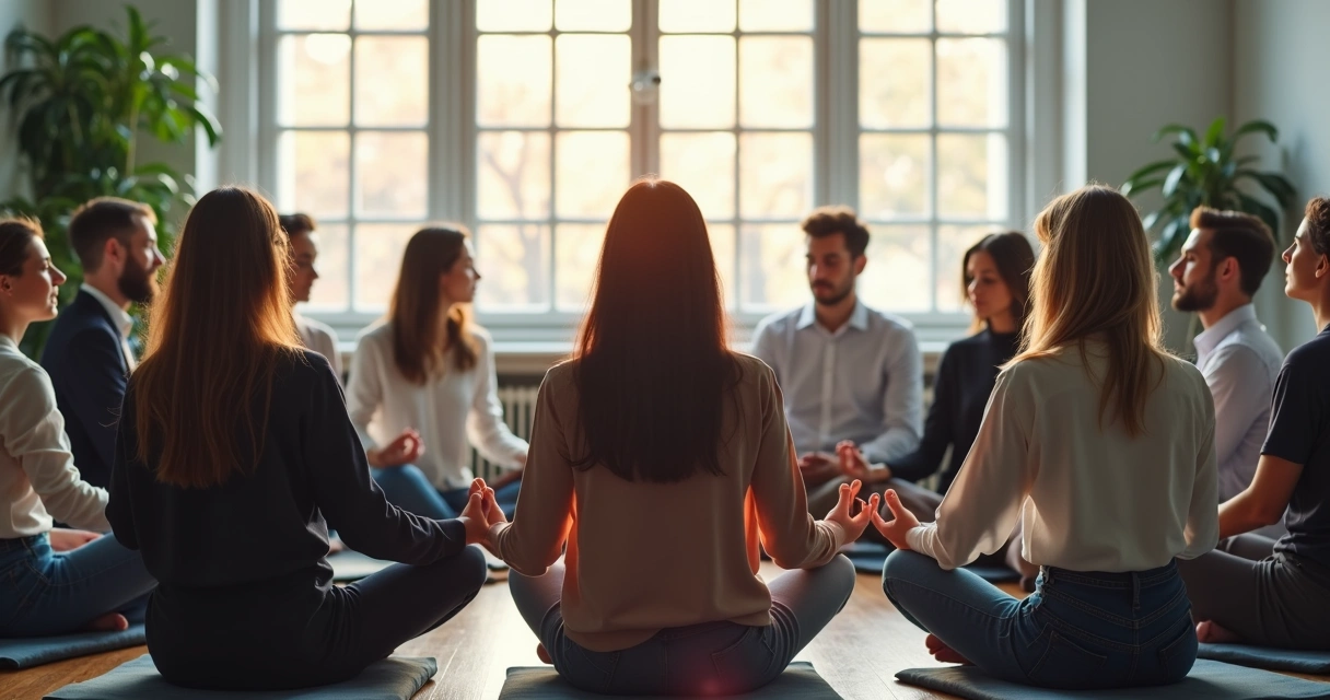 Grupo de pessoas sentadas em círculo meditando em ambiente corporativo 