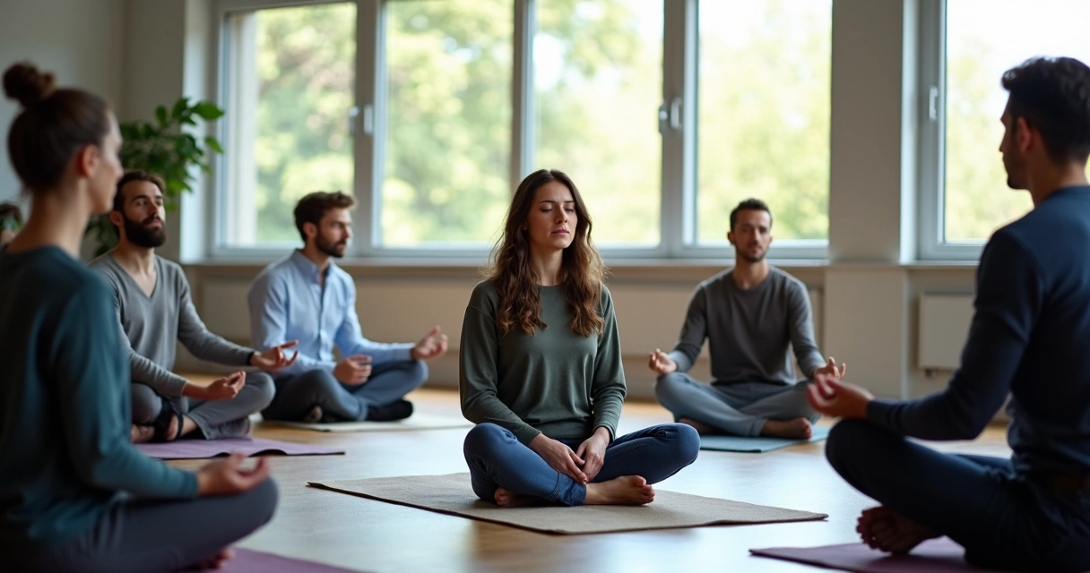 Pessoas sentadas em círculo em posição meditativa em uma sala de reuniões