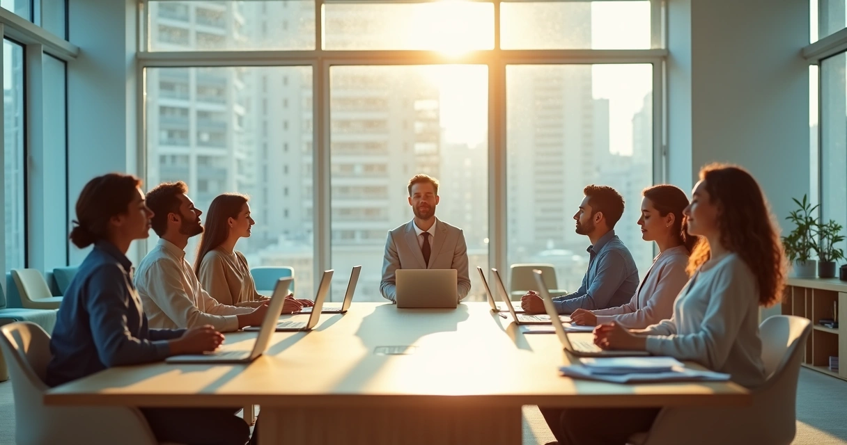 Equipe de projetos reunida em sala de reunião meditando por um momento curto antes do trabalho 