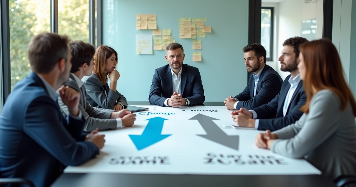 Equipe em reunião hesitante diante de decisão de mudança 