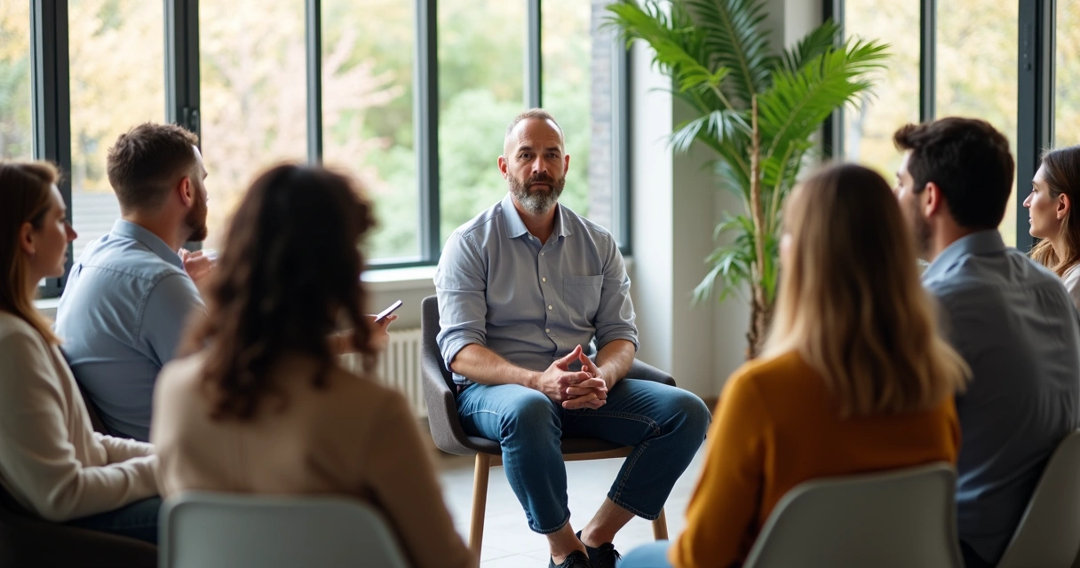 Grupo reunido em círculo em reunião com foco e atenção.