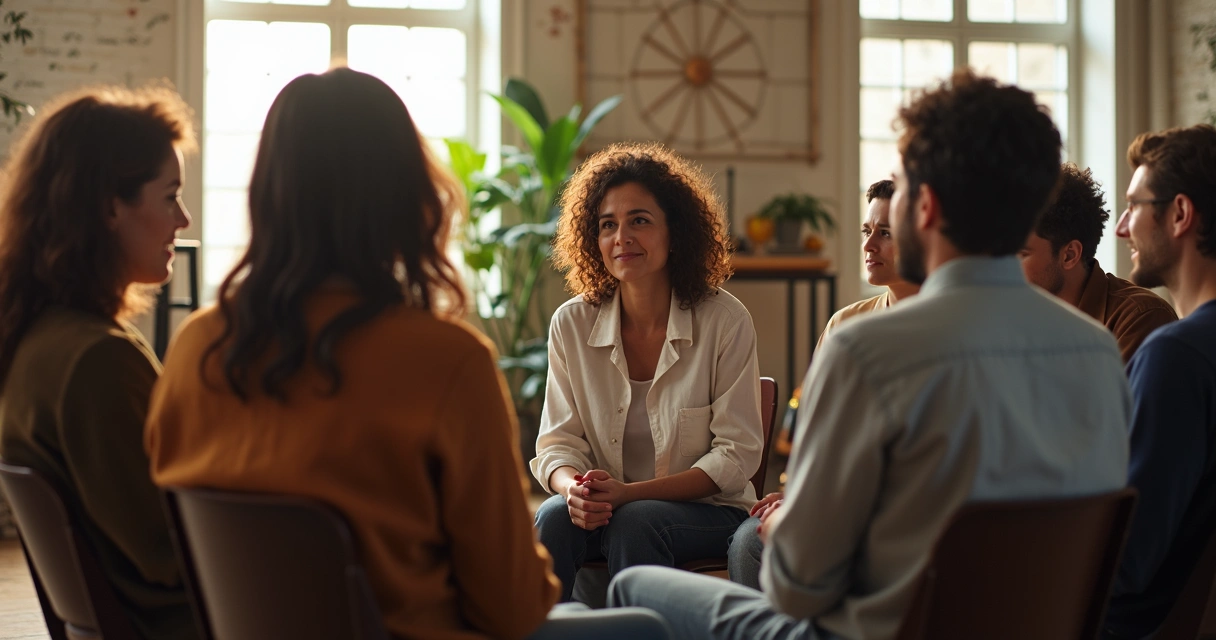 Pessoas em roda conversando e compartilhando experiências, expressão atenta e respeitosa 