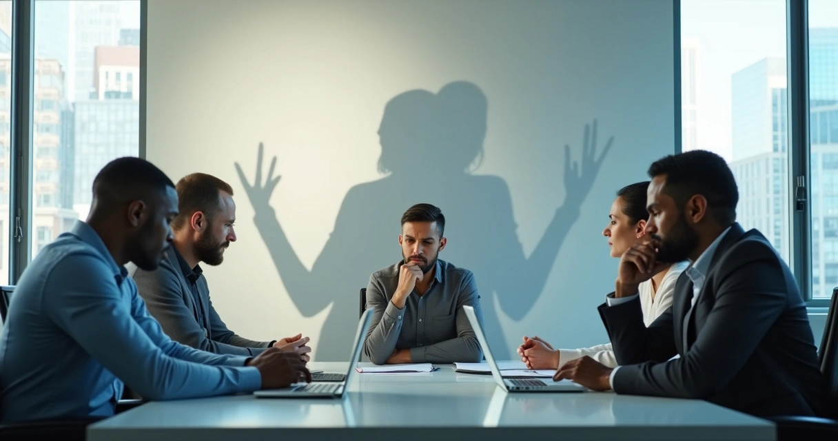 Equipe em reunião com sombra projetando símbolo de medo ao fundo 